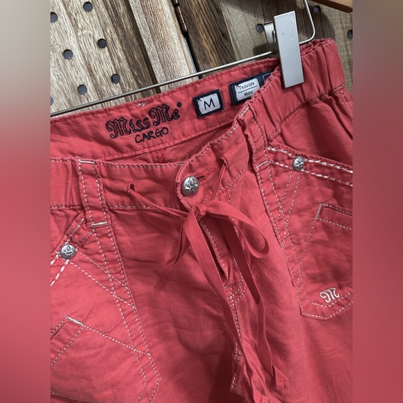 EUC MISS ME cargo linen wide leg silver embroidery pants red/orange trousers - Picture 3 of 5